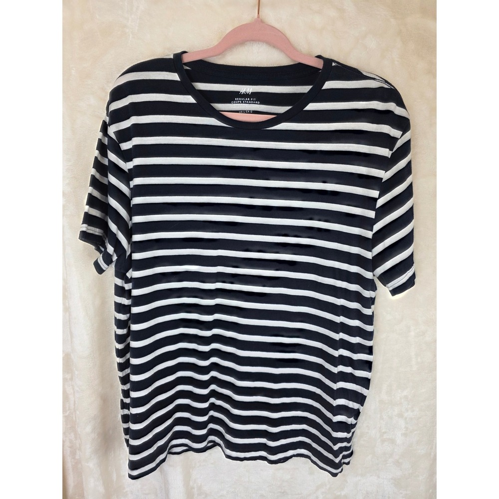 HM Mens Large Regular Fit Navy Blue‎ White Striped Short Sleeve Crewneck T-Shirt